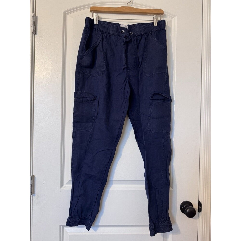 Nicole Miller Linen Cargo Jogger Pants Womens Large Blue Drawstring Lightweight